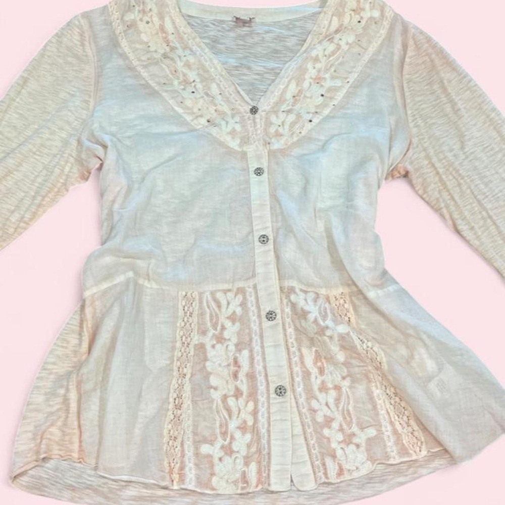 Reda Boho Lace and Embroidered Button Up Top Size Large